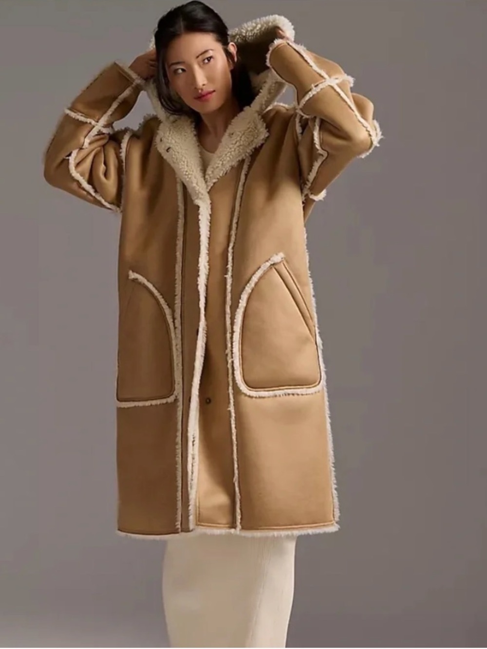 Anthropologie x Pilcro Hooded Sherpa Coat. Camel and Cream. Size Petite Small